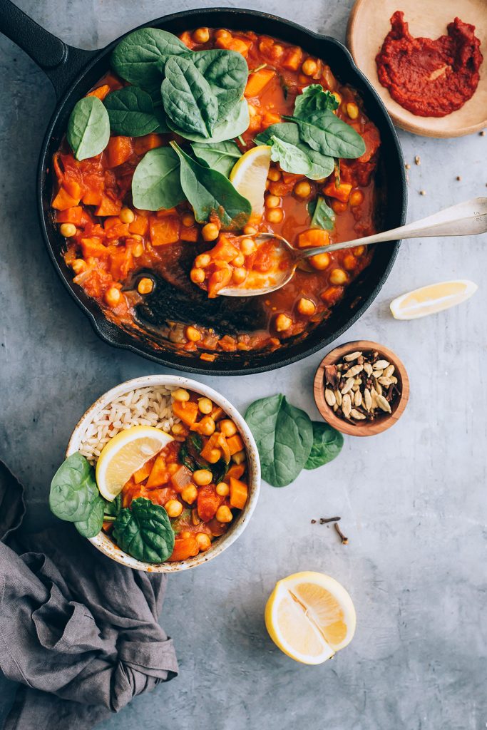 Moroccan-Inspired Sweet Potato and Chickpea Stew with Spinach
