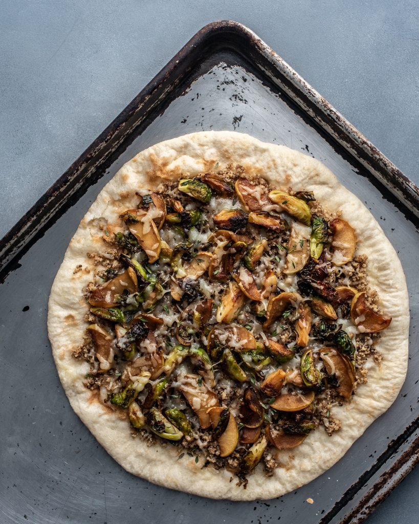 Brussels Sprout and Apple Pizza with Walnut Pesto