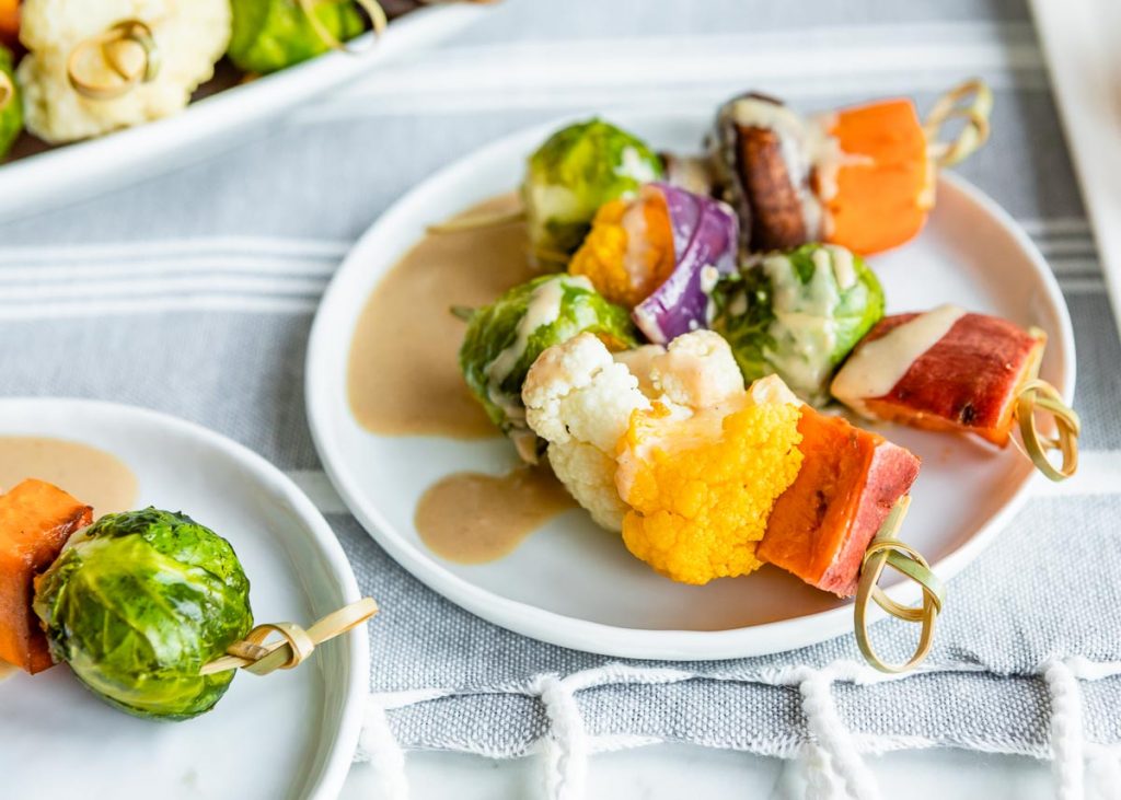 Roasted Winter Vegetable Kabobs with Sesame Tahini Dipping Sauce and Sriracha Mayo