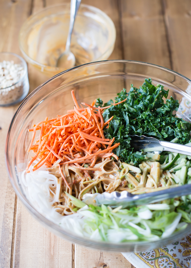 rice noodles with veggies and peanut sauce