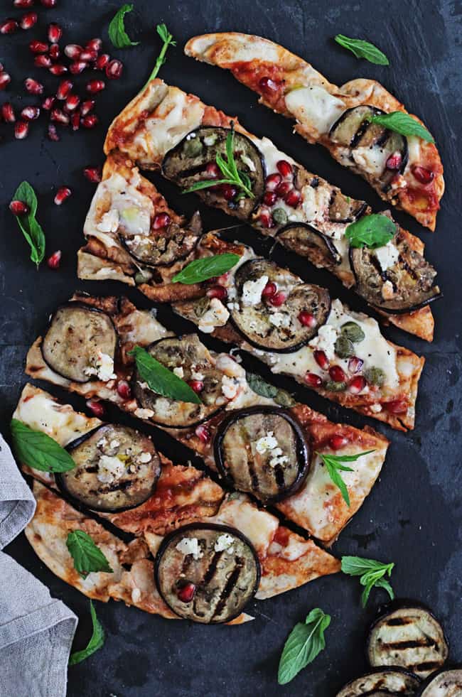 Grilled Pizza Recipe with Eggplant, Pomegranate and Feta