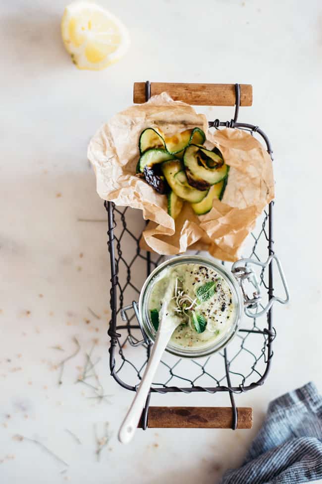 Rosemary Garlic Bean-Free Hummus + Zucchini Chips