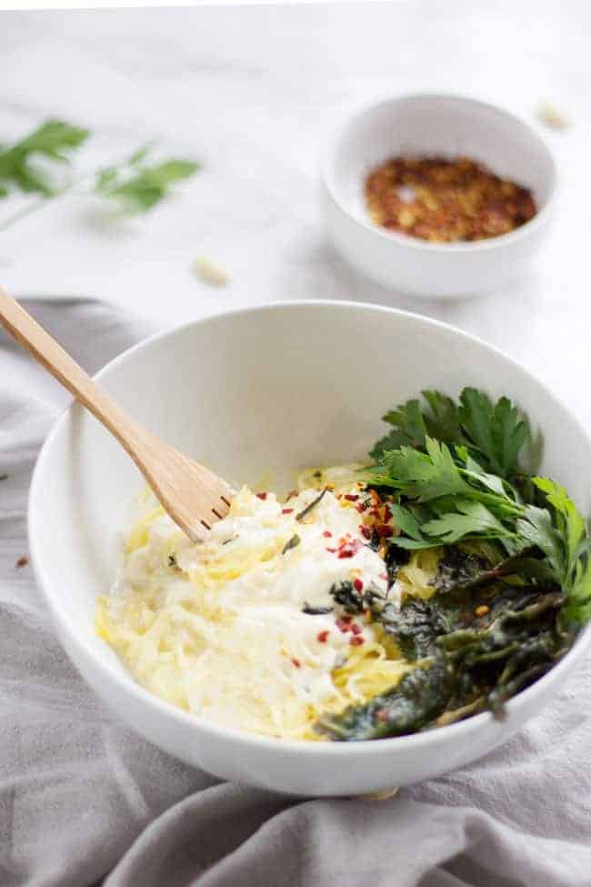 Healthy Spaghetti Squash Alfredo with Crispy Kale Leaves