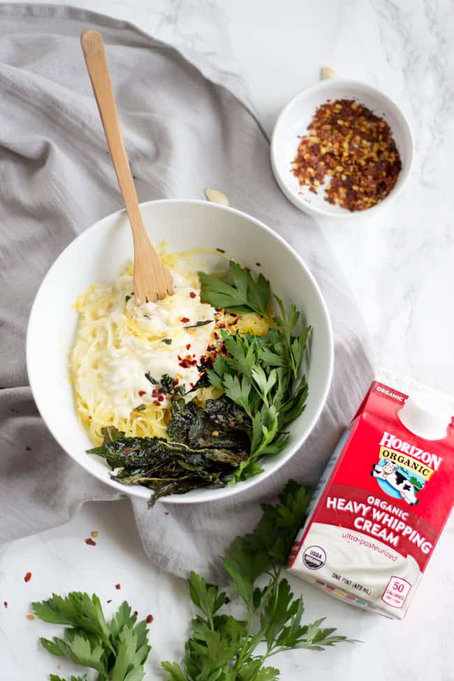 Healthy Spaghetti Squash Alfredo with Crispy Kale Leaves