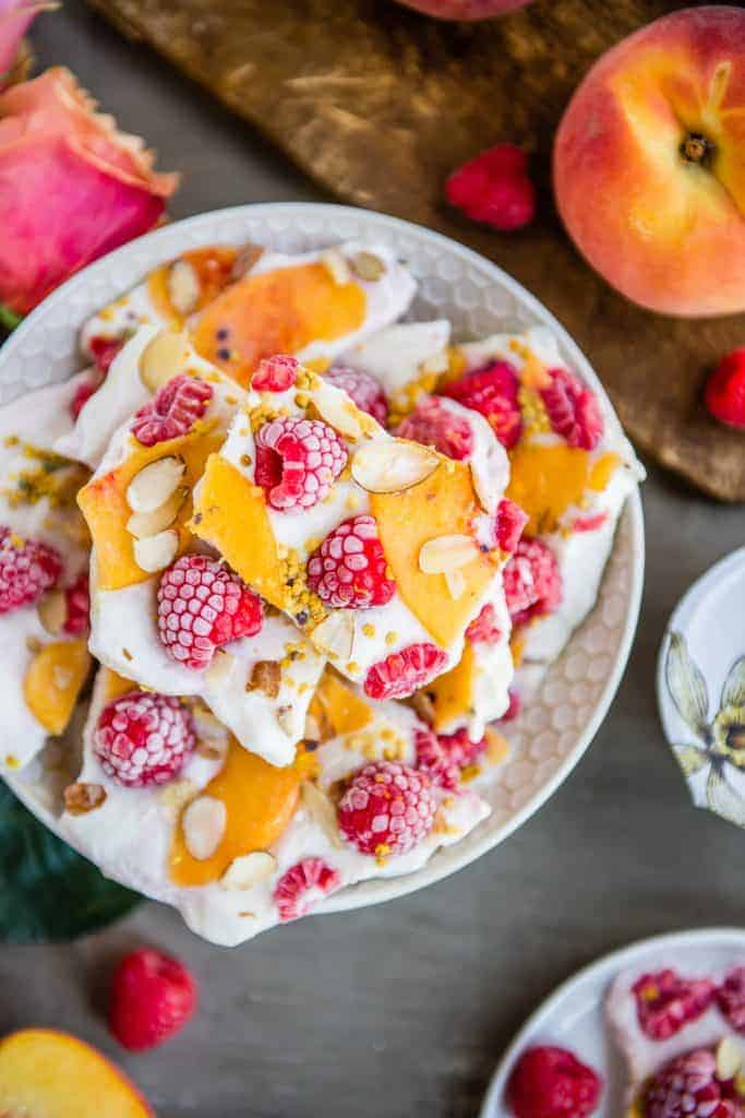 Peach Melba Yogurt Bark recipe | HelloGlow.co