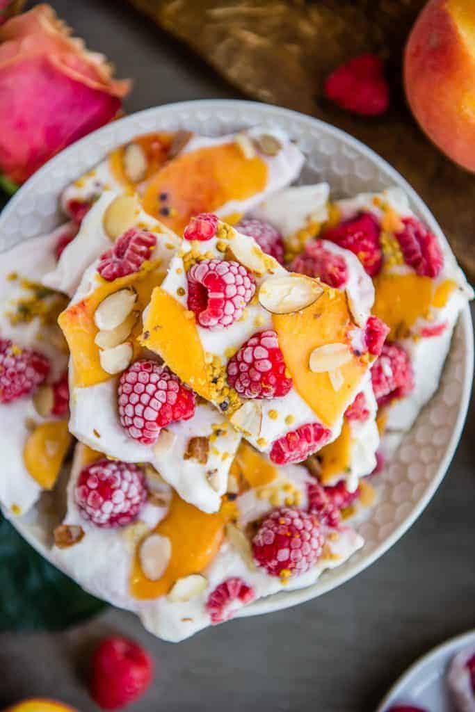 Peach Melba Yogurt Bark recipe | HelloGlow.co