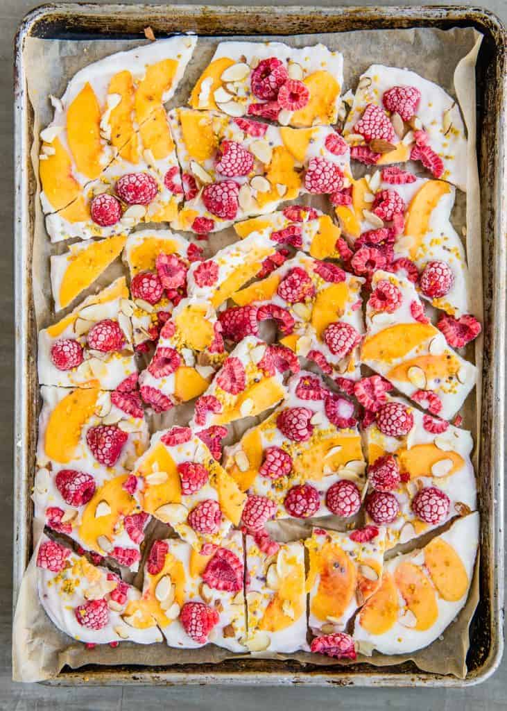 Peach Melba Yogurt Bark recipe | HelloGlow.co