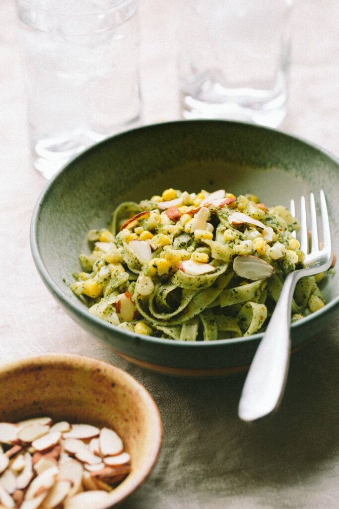Linguine with Mint Pesto and Corn from A Thought For Food