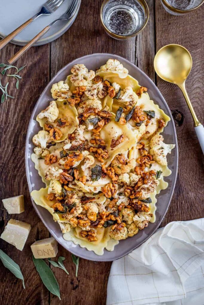 Butternut Squash Ravioli with Roasted Cauliflower + Brown Butter from Hello Glow