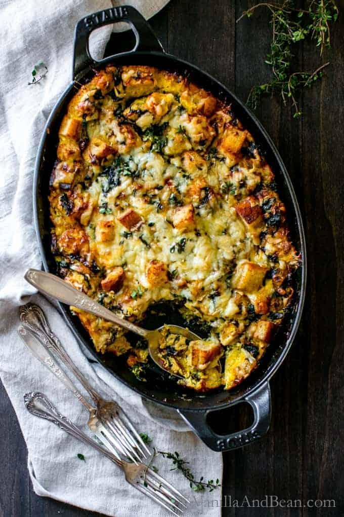 Kale, Mushroom, and Leek Savory Bread Pudding from Vanilla and Bean