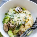 Herbed Parmesan Polenta with Crispy Brussels Sprouts and Mushrooms from Hello Veggie
