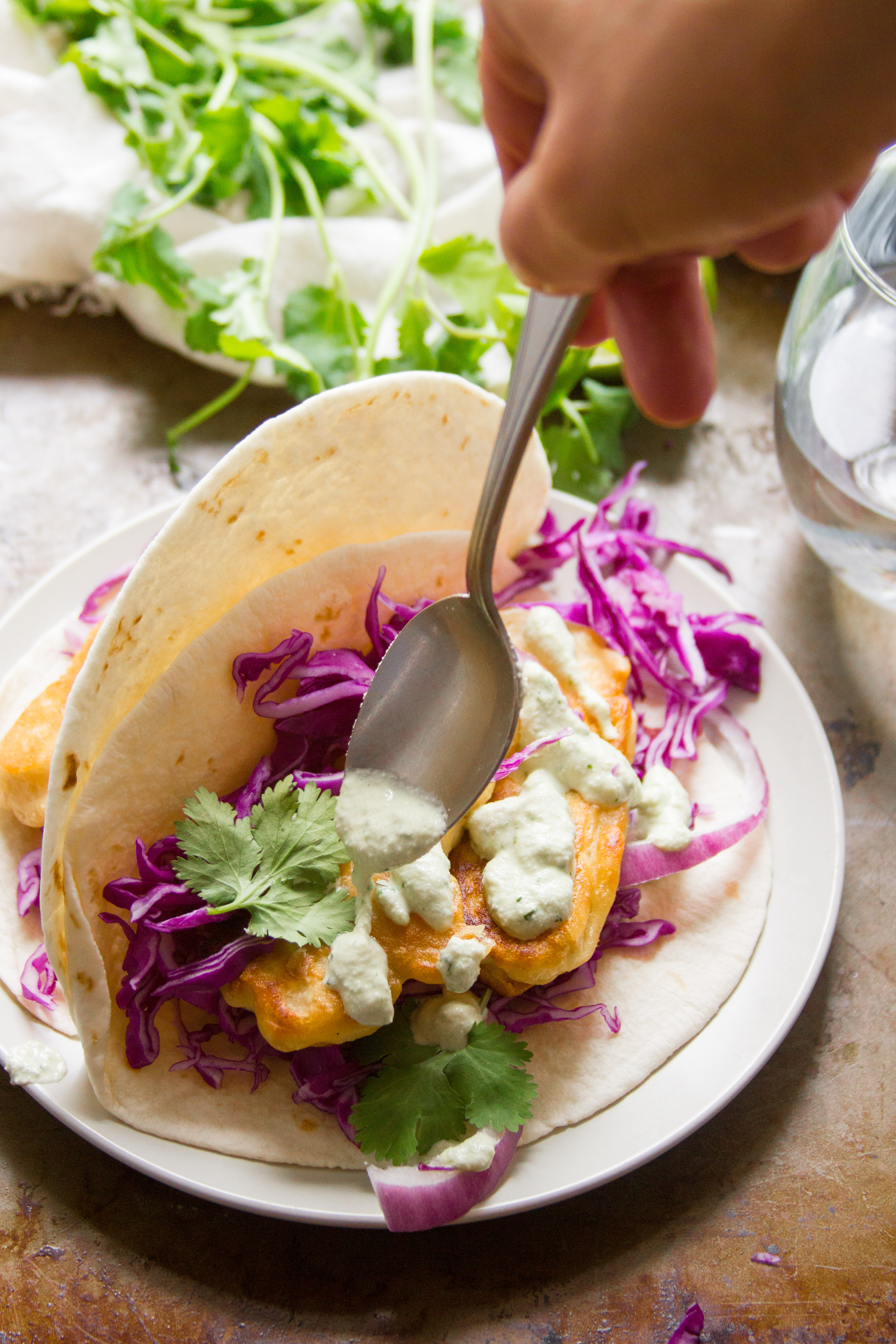 Crispy Beer Battered Tofu Tacos with Vegan Baja Sauce