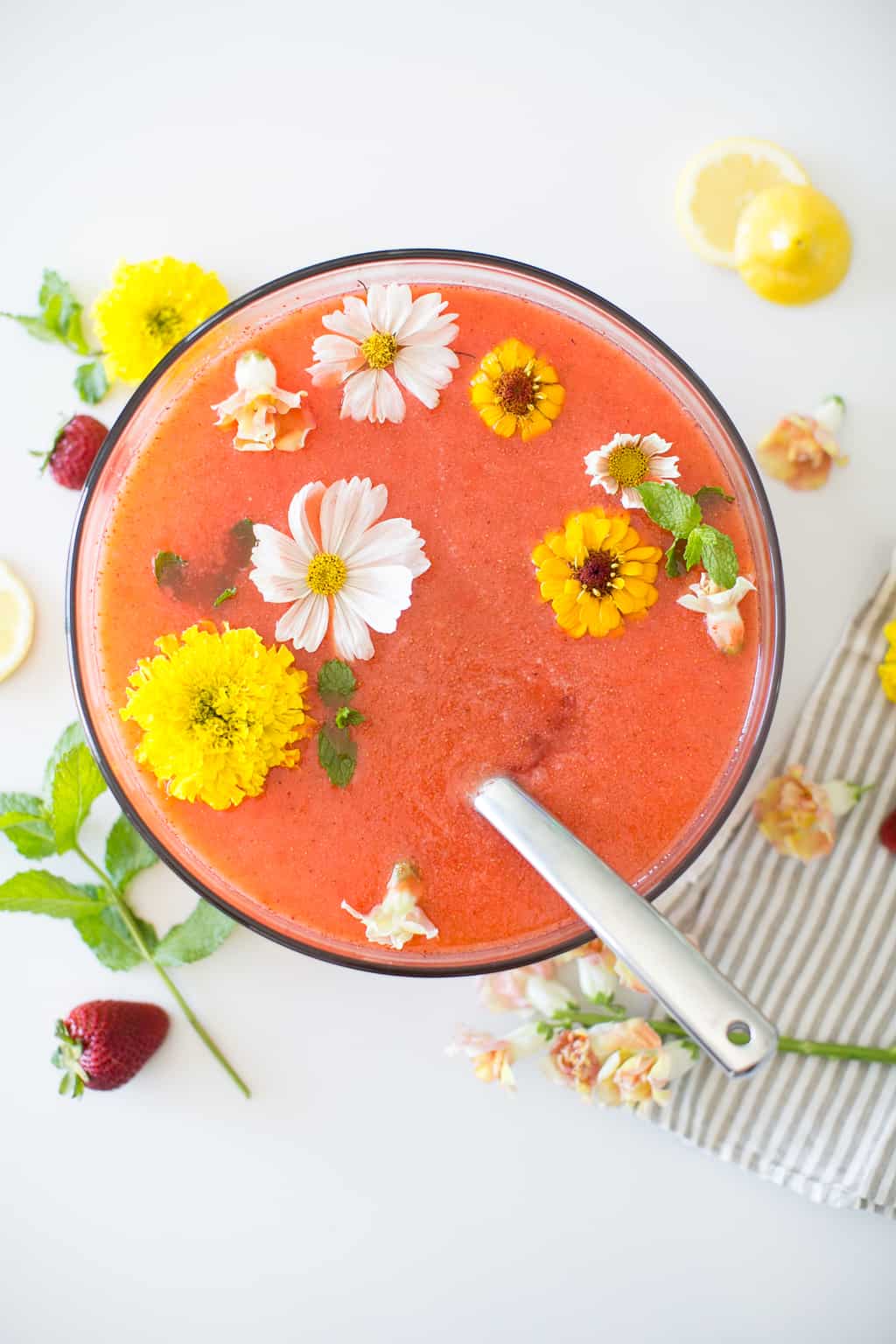 Fresh-Squeezed Strawberry Lemonade with Rosewater and Edible Flowers