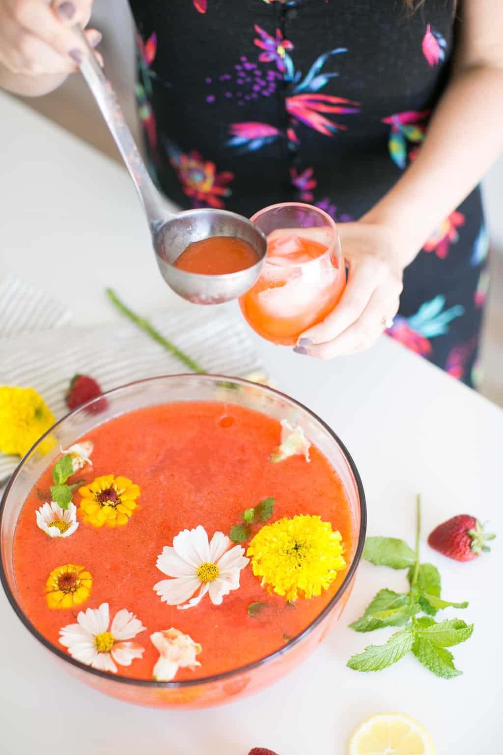 Fresh-Squeezed Strawberry Lemonade with Rosewater and Edible Flowers
