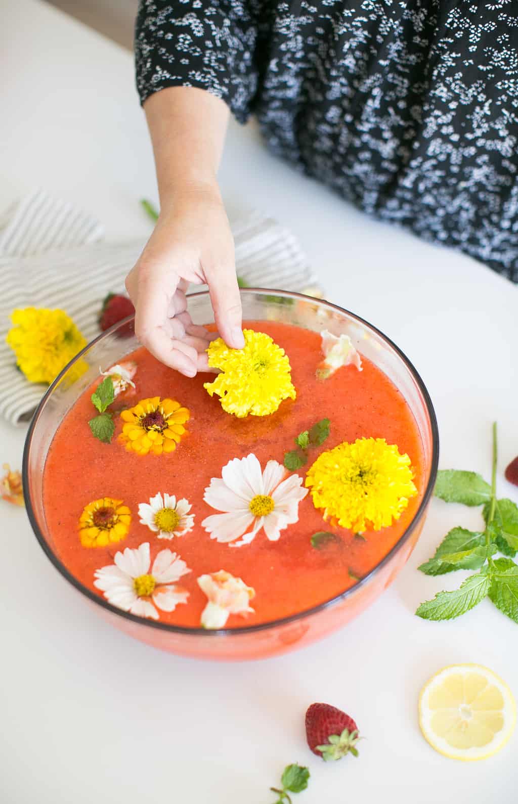 Fresh-Squeezed Strawberry Lemonade with Rosewater and Edible Flowers