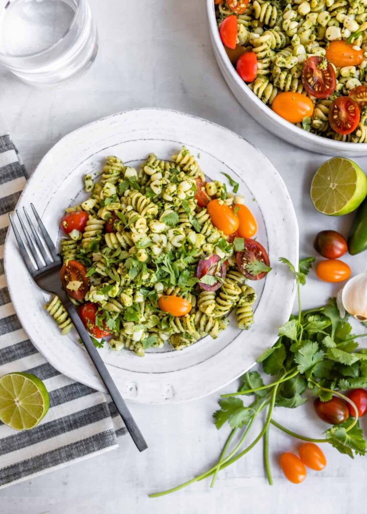 Jalapeño Cilantro Pesto Rotini with Grape Tomatoes and Sweet Corn