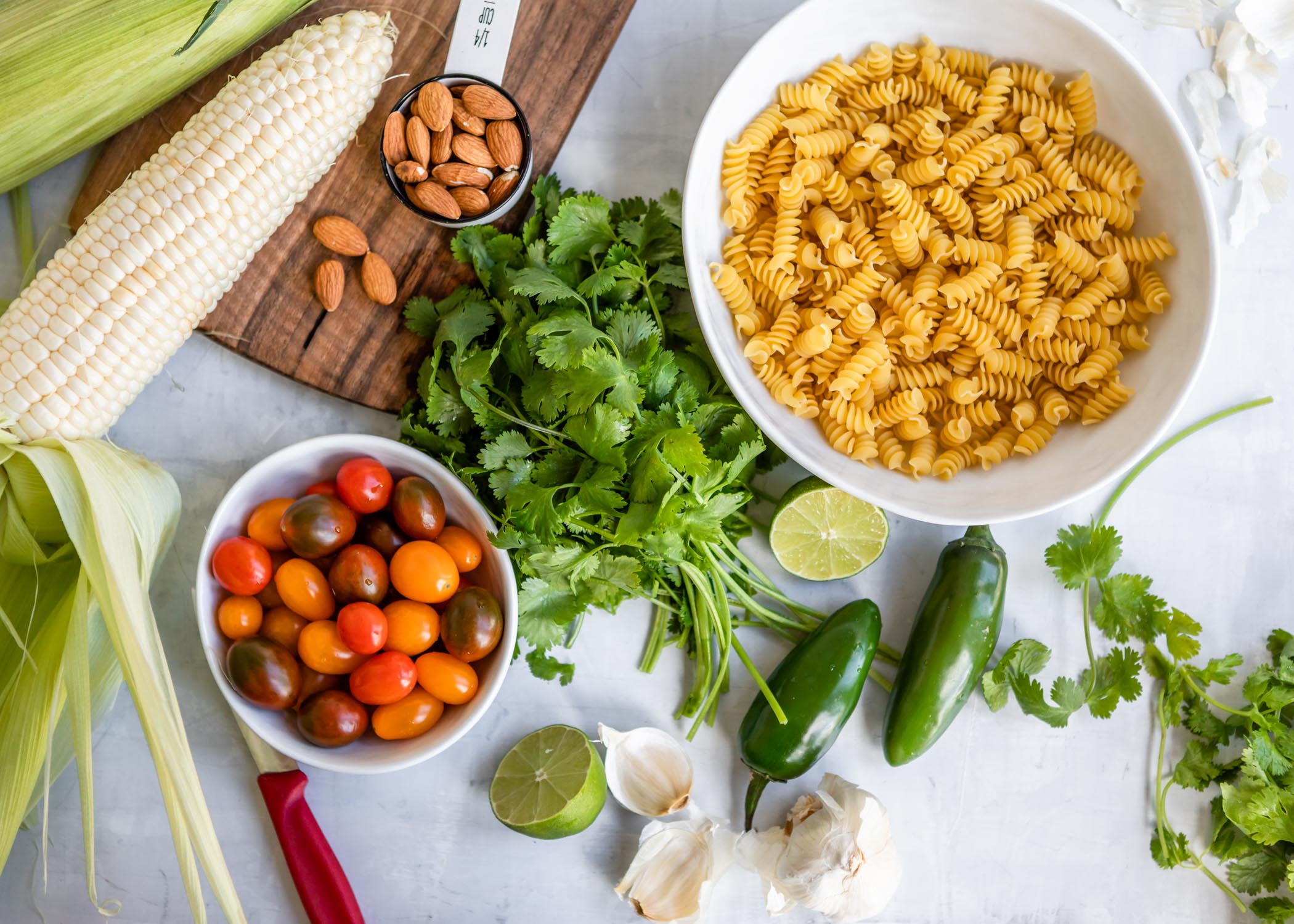 Jalapeño Cilantro Pesto Rotini with Grape Tomatoes and Sweet Corn