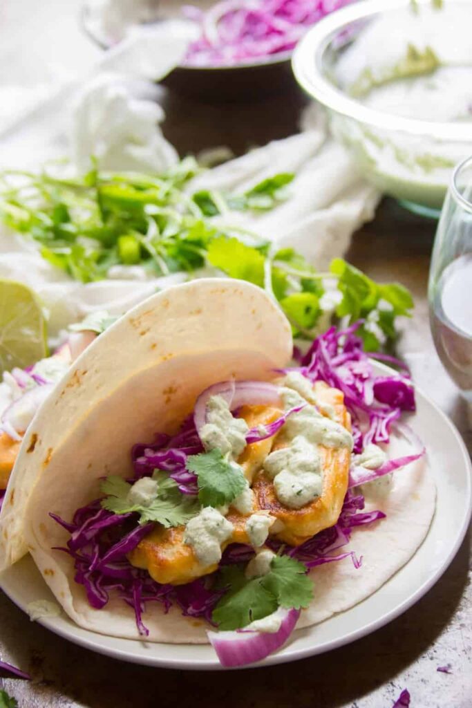 Crispy Beer-Battered Tofu Tacos with Vegan Baja Sauce