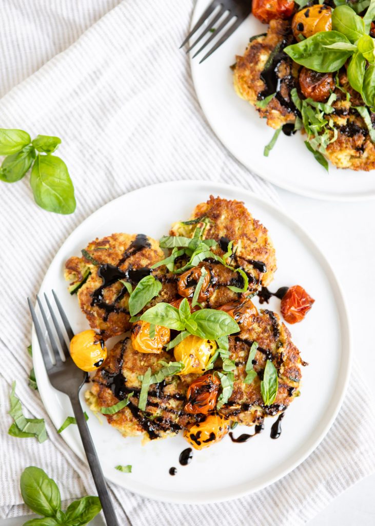 Quinoa White Bean Zucchini Cakes with Burst Cherry Tomatoes | HelloVeggie.co