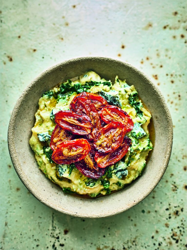 Spinach and Blue Cheese Polenta with Slow-Roasted Tomatoes