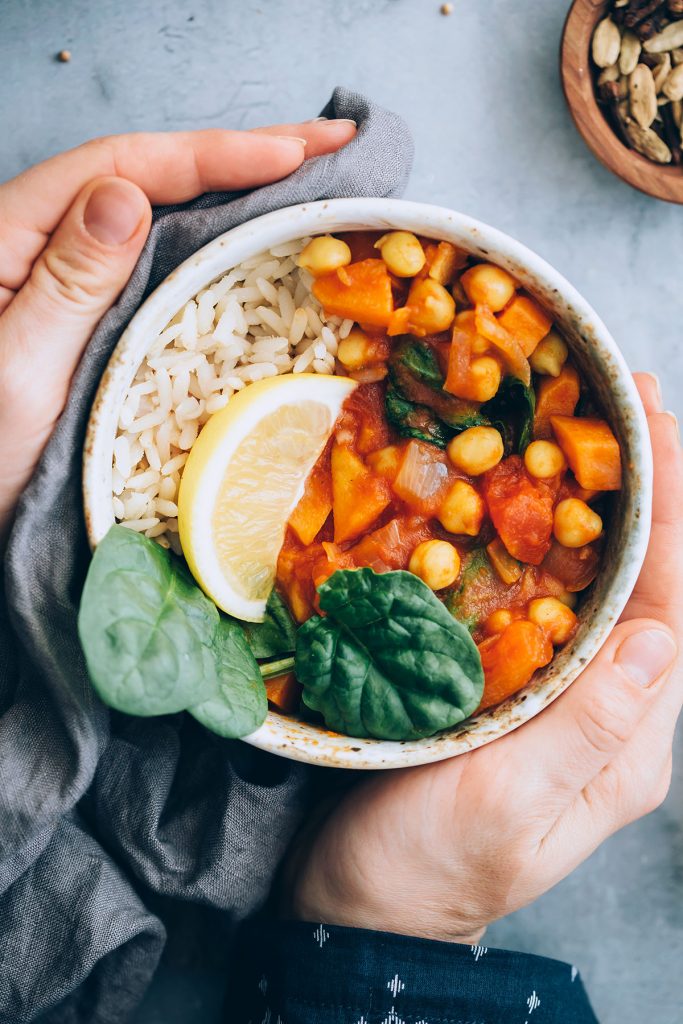 Moroccan-Inspired Sweet Potato and Chickpea Stew with Spinach