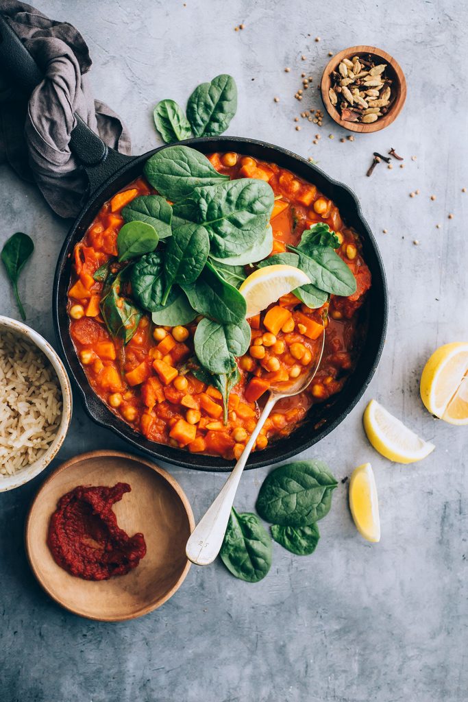 Moroccan-Inspired Sweet Potato and Chickpea Stew with Spinach