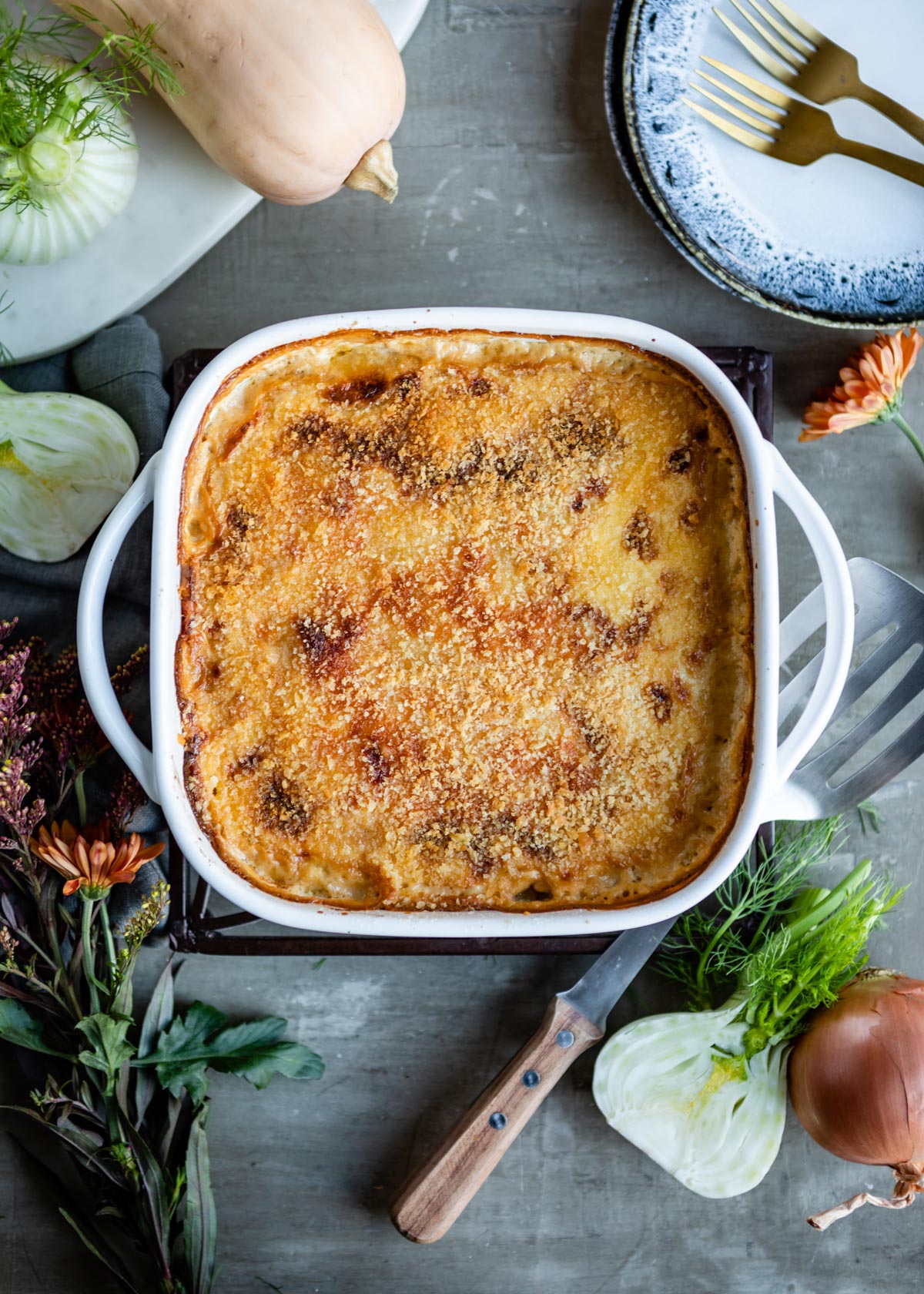 Butternut Squash Gratin with Caramelized Fennel and Gruyere