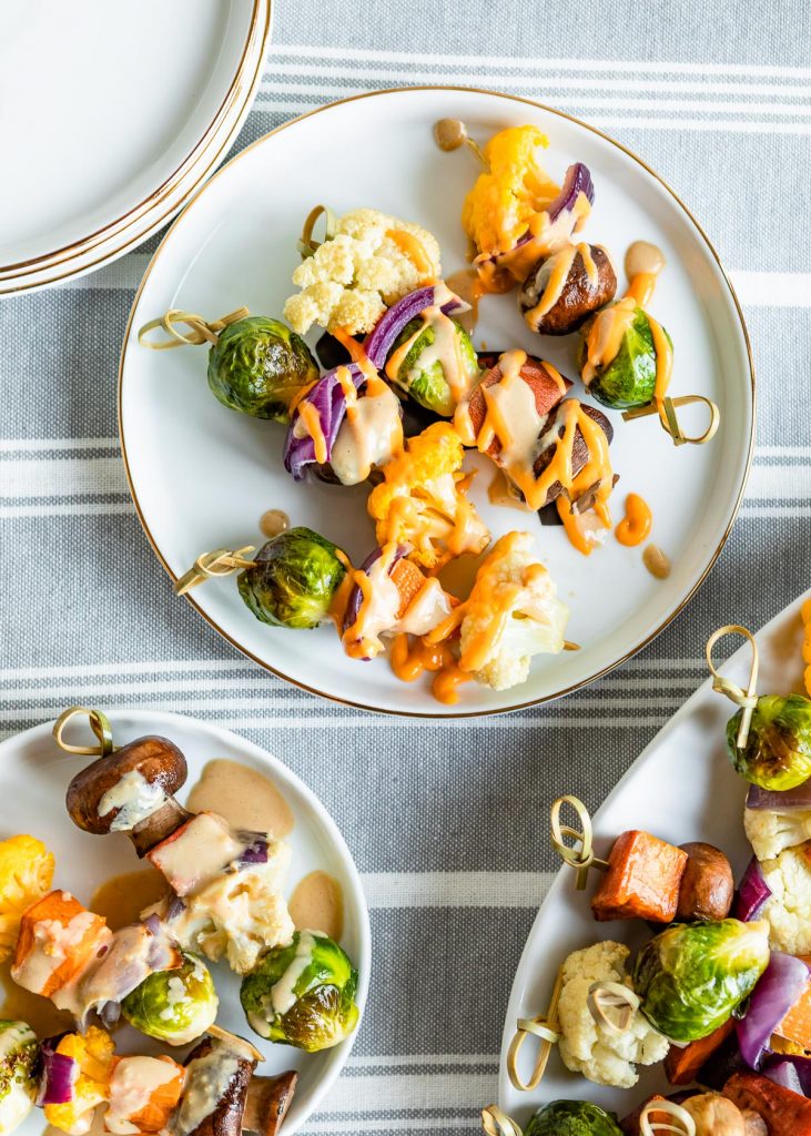 Roasted Vegetable Kabobs with Creamy Sesame Tahini Dipping Sauce and Sriracha Mayo