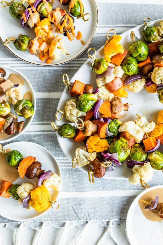 Roasted Vegetable Kabobs with Creamy Sesame Tahini Dipping Sauce and Sriracha Mayo