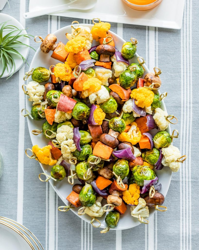 Roasted Winter Vegetable Kabobs with Sesame Tahini Dipping Sauce and Sriracha Mayo