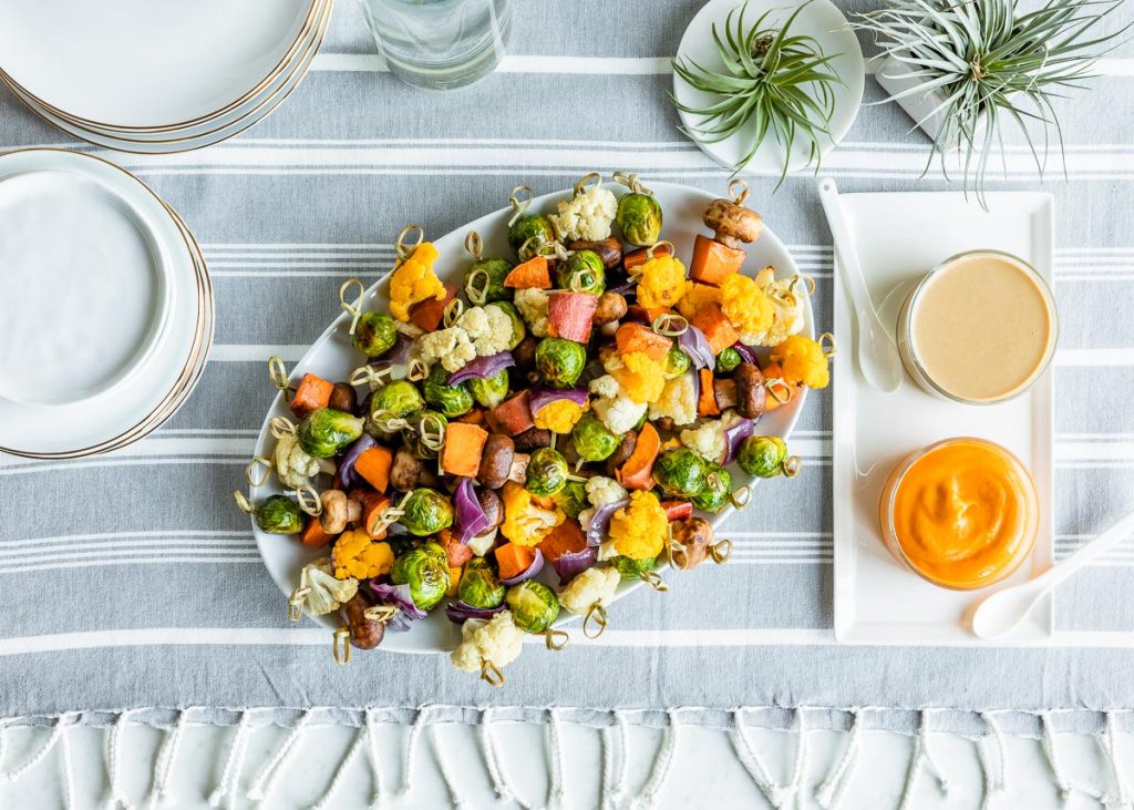 Roasted Vegetable Kabobs with Creamy Sesame Tahini Dipping Sauce and Sriracha Mayo