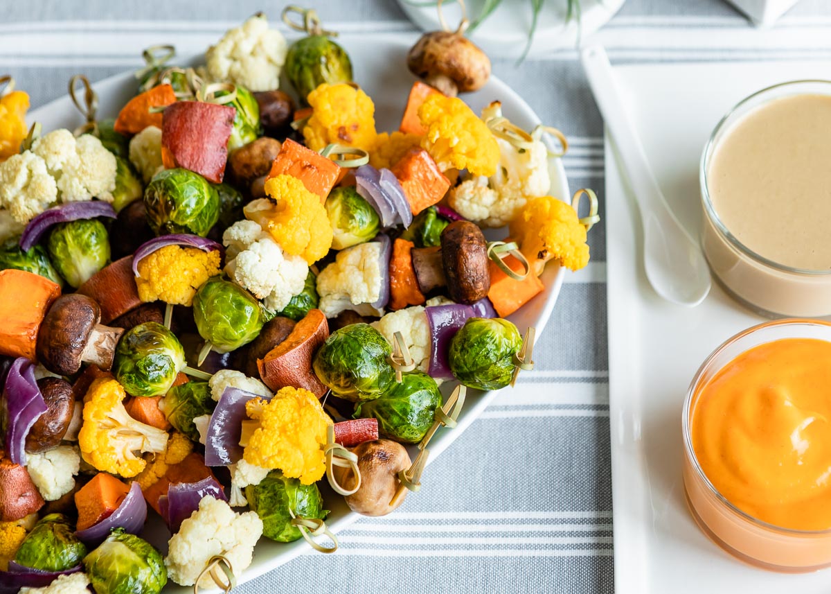 Roasted Vegetable Kabobs with Creamy Sesame Tahini Dipping Sauce and