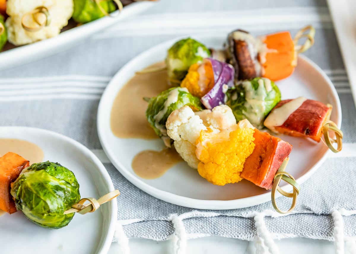 Roasted Winter Vegetable Kabobs with Sesame Tahini Dipping Sauce
