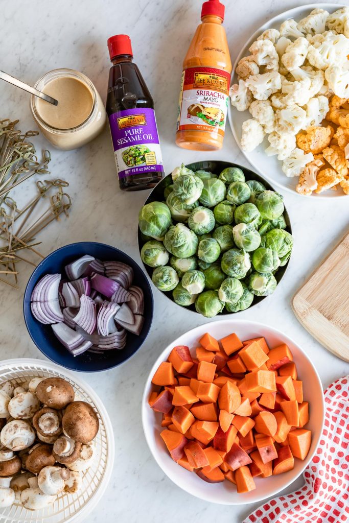 Roasted Vegetable Kabobs with Creamy Sesame Tahini Dipping Sauce and Sriracha Mayo