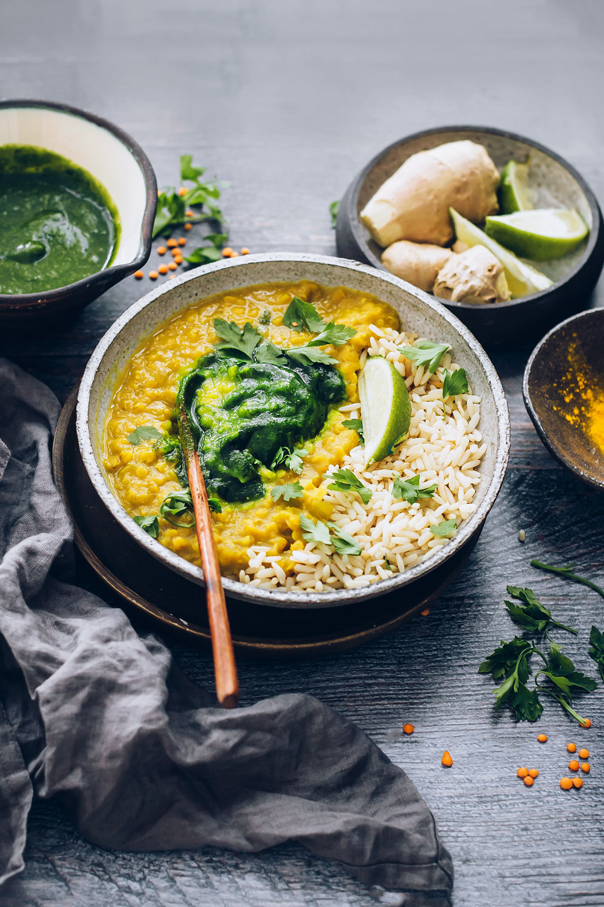 Sprouted Brown Rice and Curried Red Lentil Bowls with Mint Cilantro Chutney