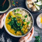 Sprouted Brown Rice and Curried Red Lentil Bowls with Mint Cilantro Chutney