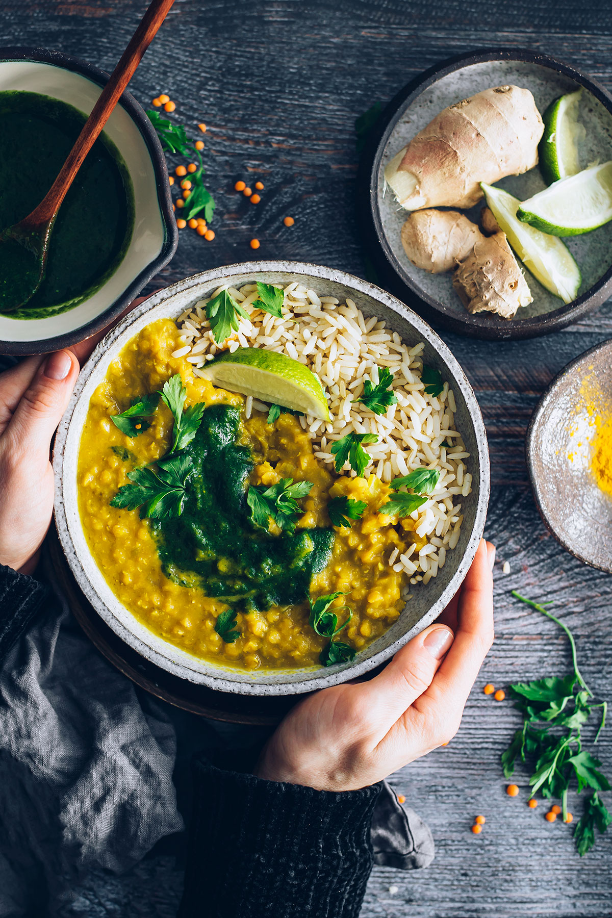 Sprouted Brown Rice and Curried Red Lentil Bowls with Mint Cilantro Chutney