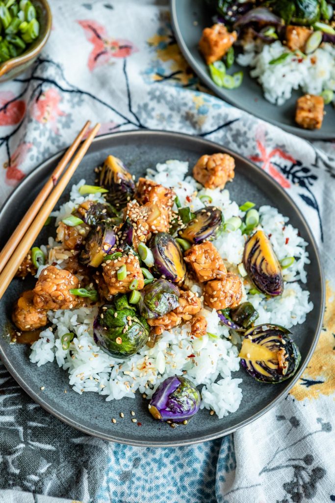 Sweet, Spicy and Sticky Stir Fry with Tempeh and Brussels Sprouts