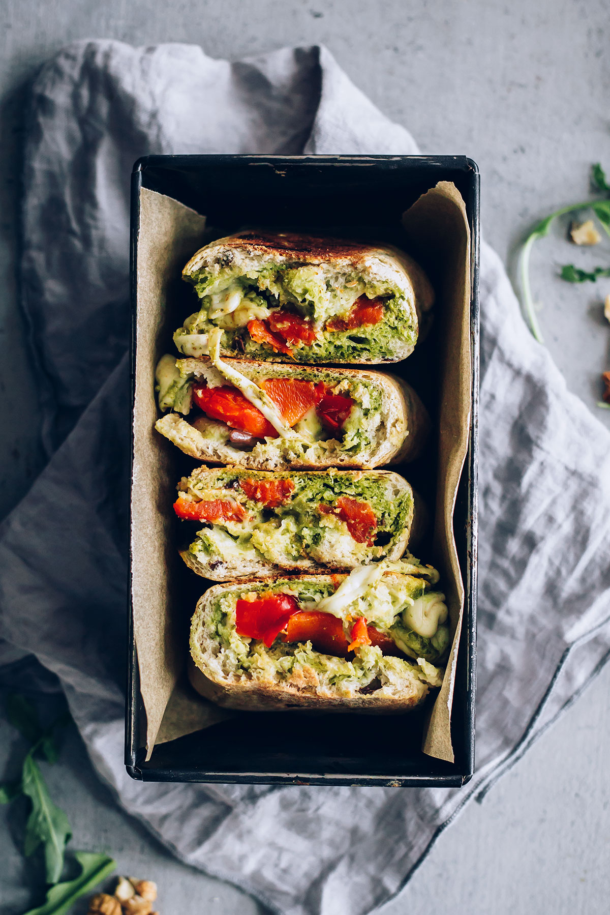 Fresh Mozzarella and Roasted Red Pepper Panini with Arugula-Walnut Pesto