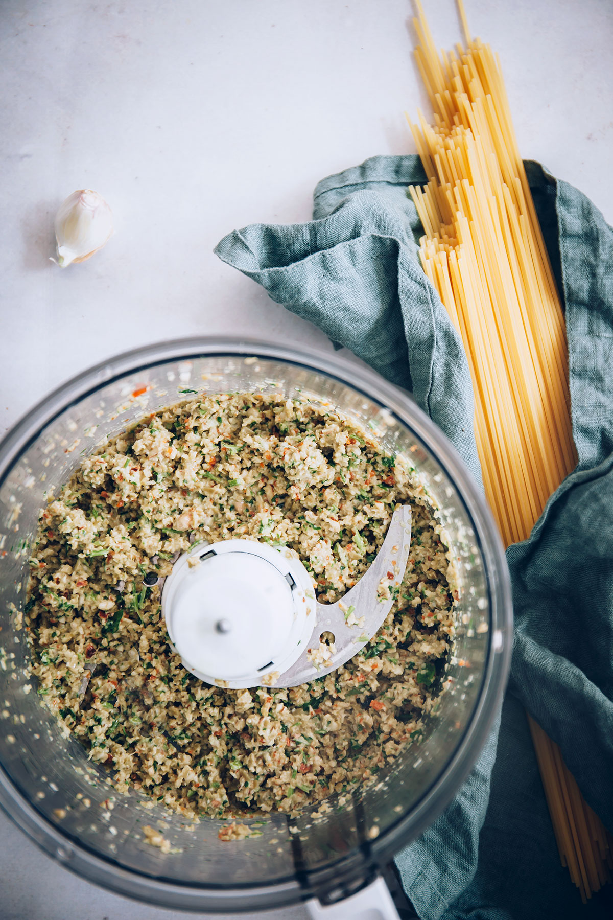 Spaghetti with Toasted Almond and Green Olive Pesto