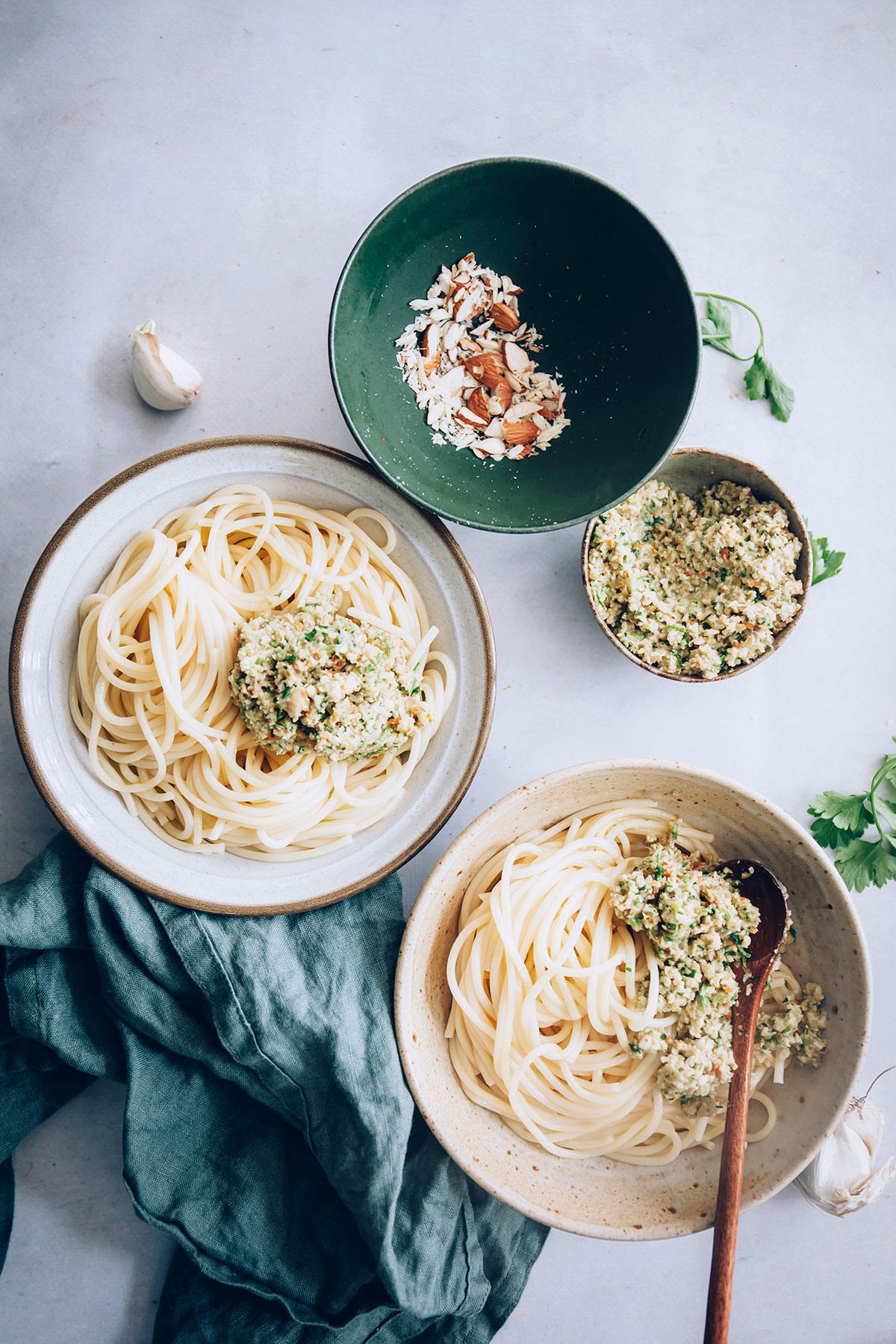 Spaghetti with Toasted Almond and Green Olive Pesto
