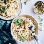 Spaghetti with Toasted Almond and Green Olive Pesto