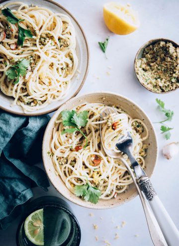 Spaghetti with Toasted Almond and Green Olive Pesto