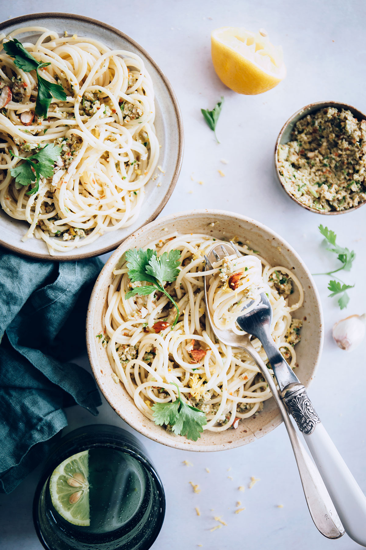 Spaghetti with Toasted Almond and Green Olive Pesto | Hello Veggie