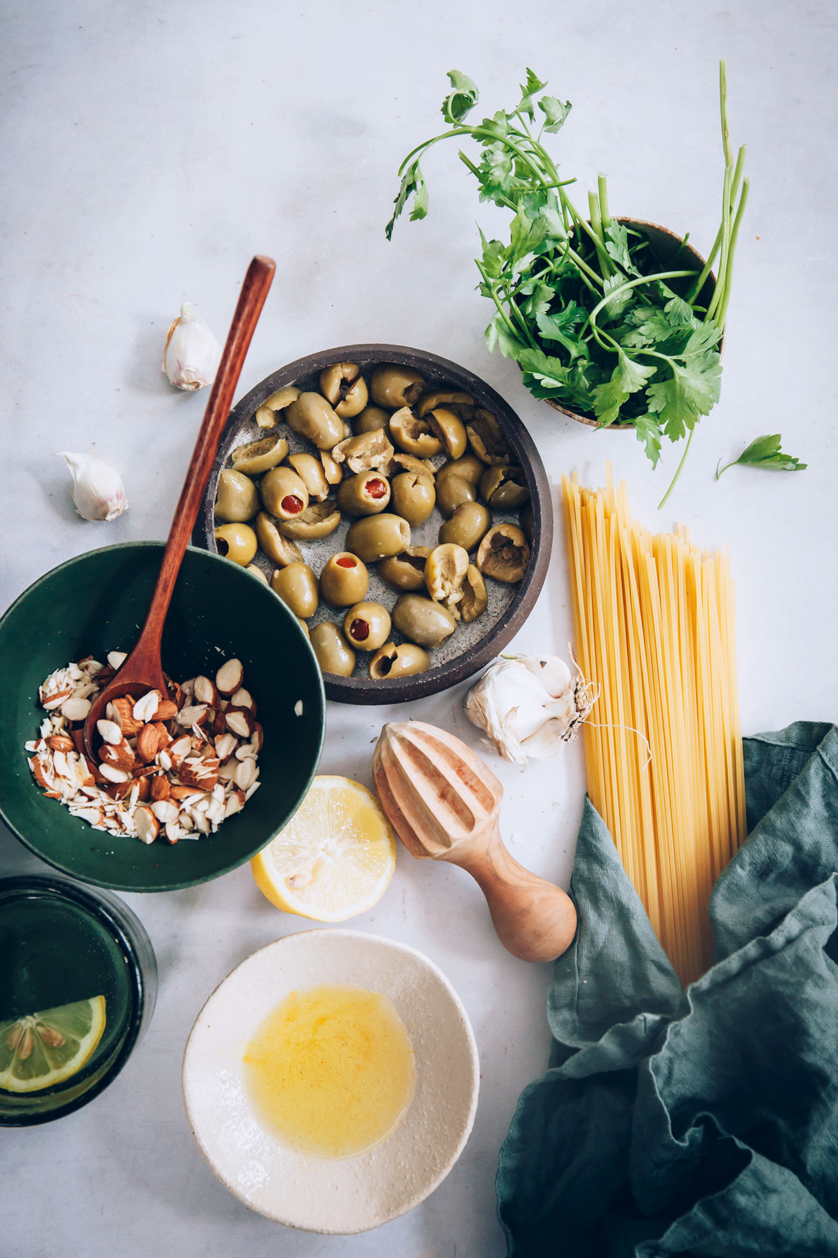 Spaghetti with Toasted Almond and Green Olive Pesto