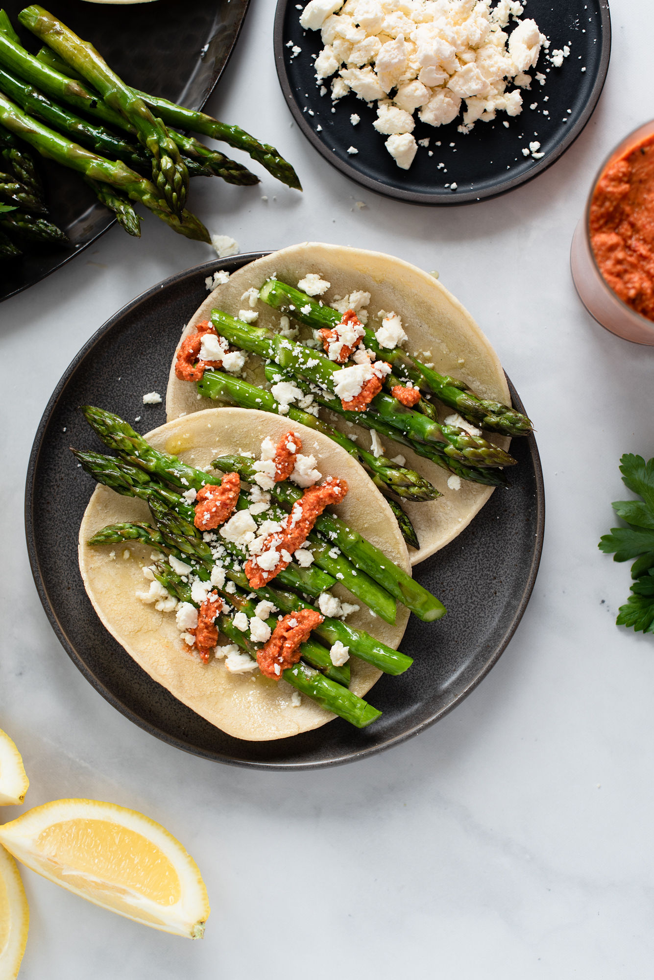 Roasted Asparagus Tacos with Harissa Romesco