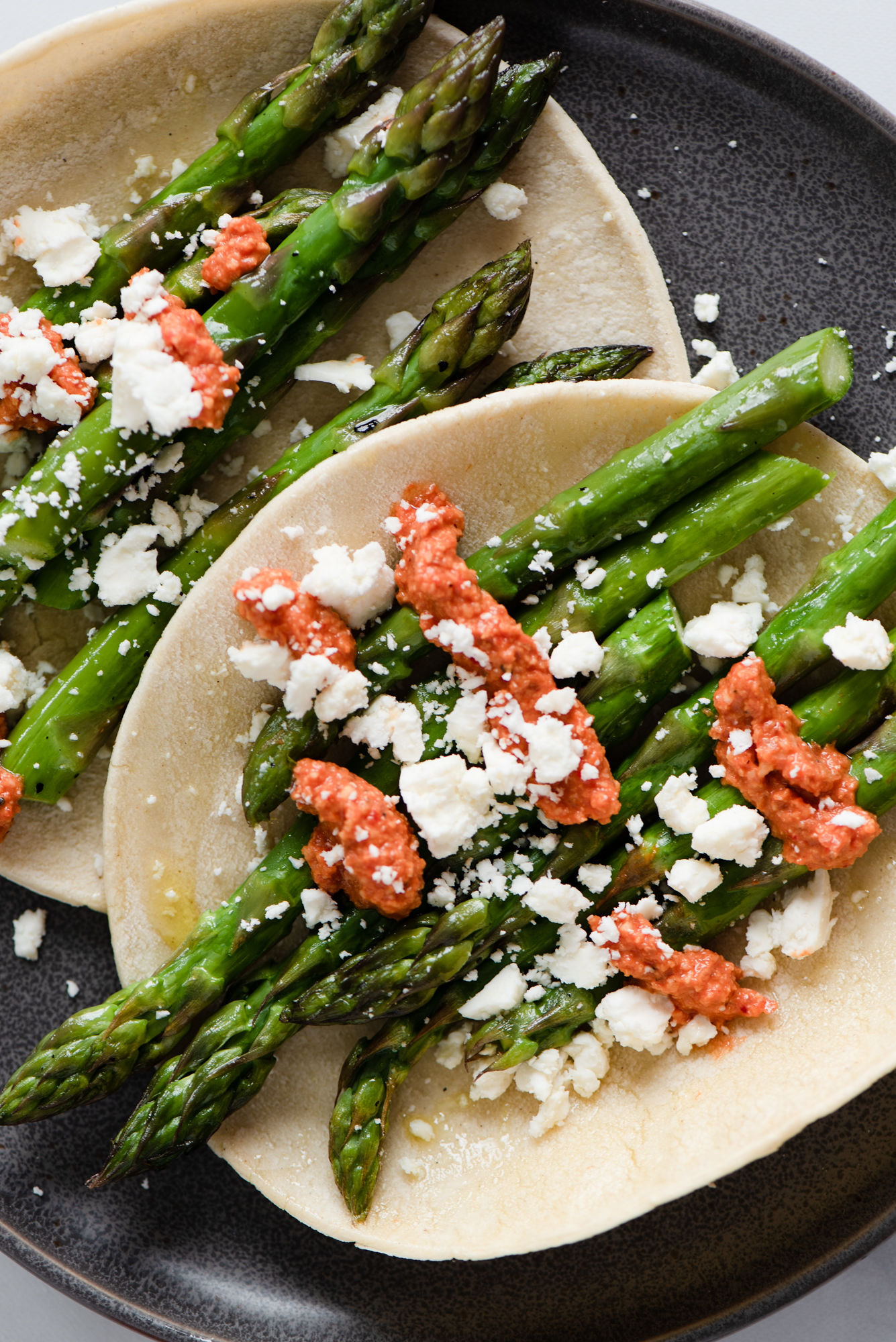 Roasted Asparagus Tacos with Harissa Romesco