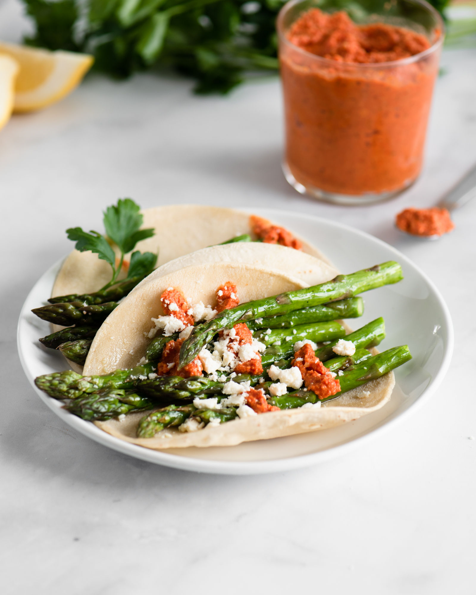 Roasted Asparagus Tacos with Harissa Romesco | Hello Veggie