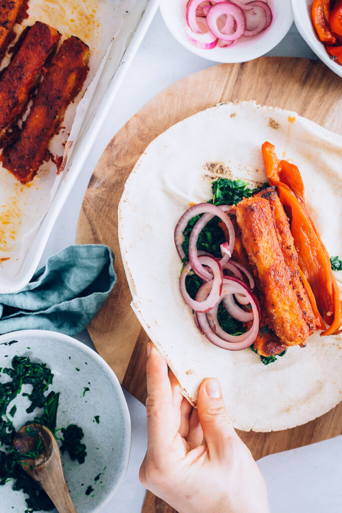 Crispy Buffalo Tofu Wrap with Spinach and Roasted Red Pepper