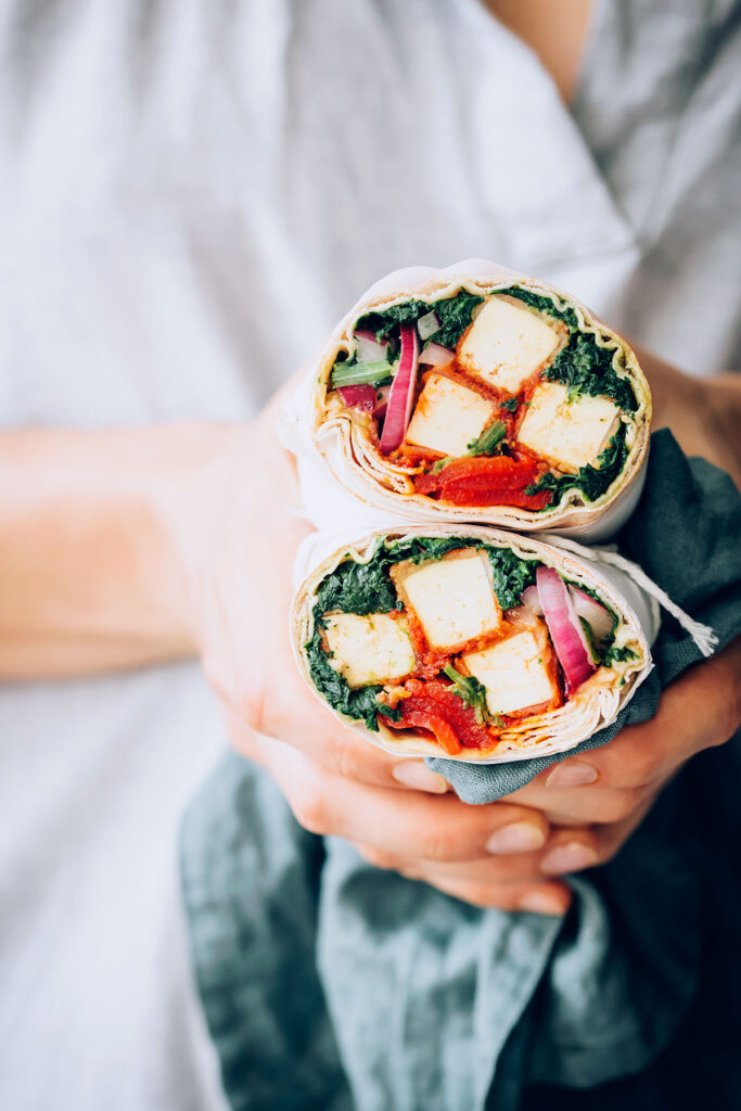 Crispy Buffalo Tofu Wrap with Spinach and Roasted Red Pepper